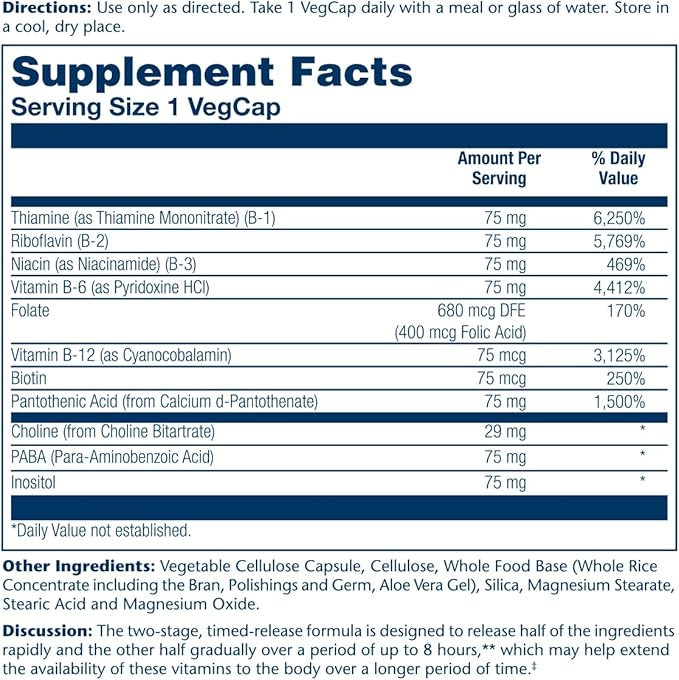 SOLARAY Vitamin B-Complex 75mg | Two-Stage Timed-Release for Extended Availability | Support for Hair, Skin, Nails, Nerves, Immune Function | 100 CT