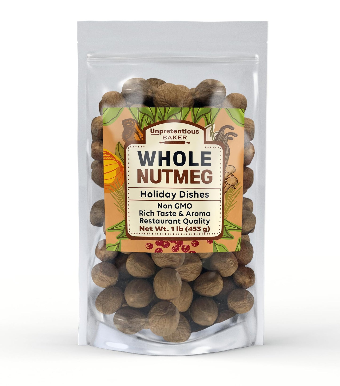 Unpretentious Whole Nutmeg, 1 lb, Gluten Free, Resealable Bag, Ideal for Holiday Dishes & Baked Goods