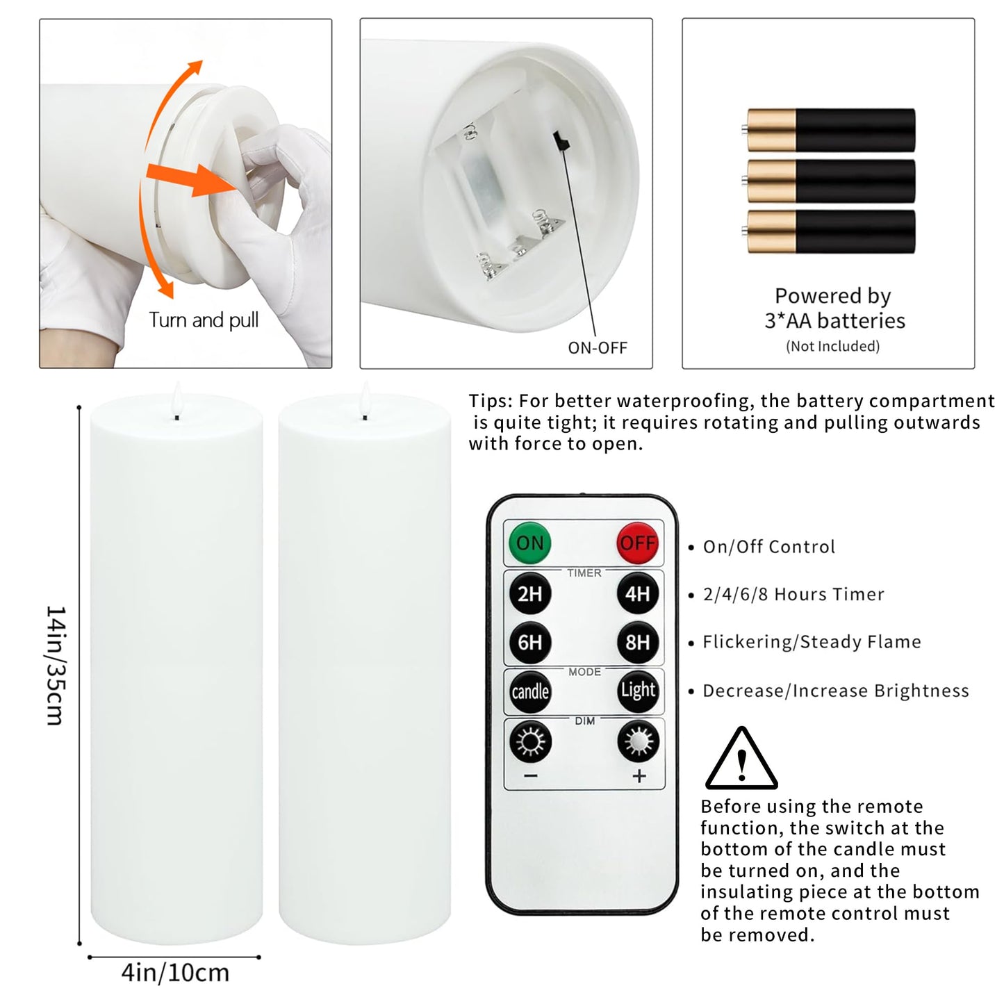 BUTHY 14" x 4" Large Outdoor Candles with Timer Waterproof Flickering LED Flameless Candles Battery Operated with Remote Fake Pillar Candles Realistic for Patio Porch Lanterns, White 2 Pack