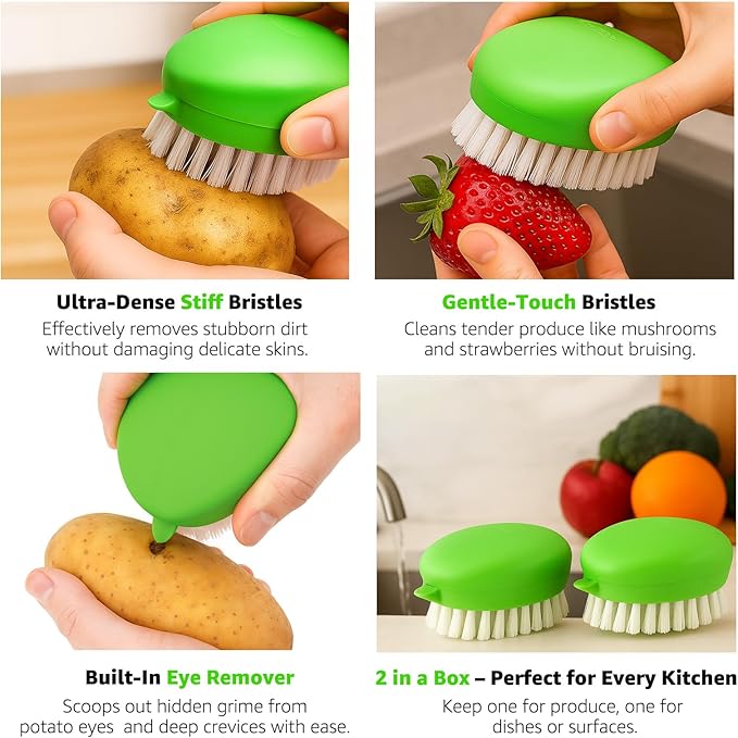 Vegetable Brush – Dual Bristles Veggie Brush & Non-Slip Grip Potato Scrubber for Root Vegetables Fruit and Vegetable Brush • Your Kitchen Essential (Green 2-Pack)
