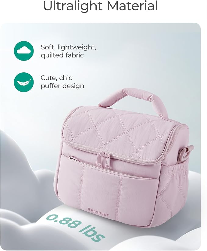 BAGSMART Insulated Lunch Bags for Women, Cute Quilted Lunch Box, Lightweight Puffy Padded Waterproof Lunch Tote, Reusable Lunch Cooler for Work Picnic Travel, Dark Pink