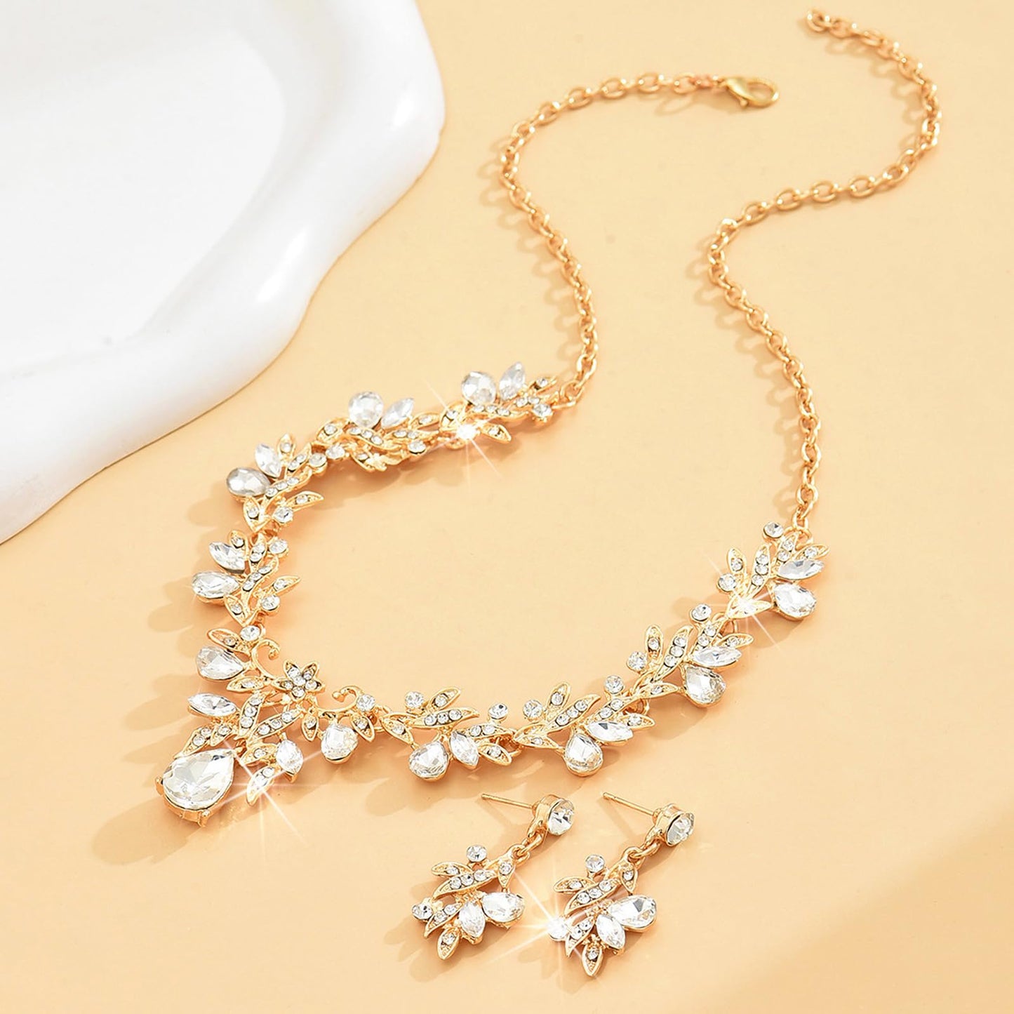 HUASAI Gold Wedding Jewelry Sets for Brides Rhinestone Necklace Earrings Bracelet Set Bridal Costume Jewelry for Women Formal We