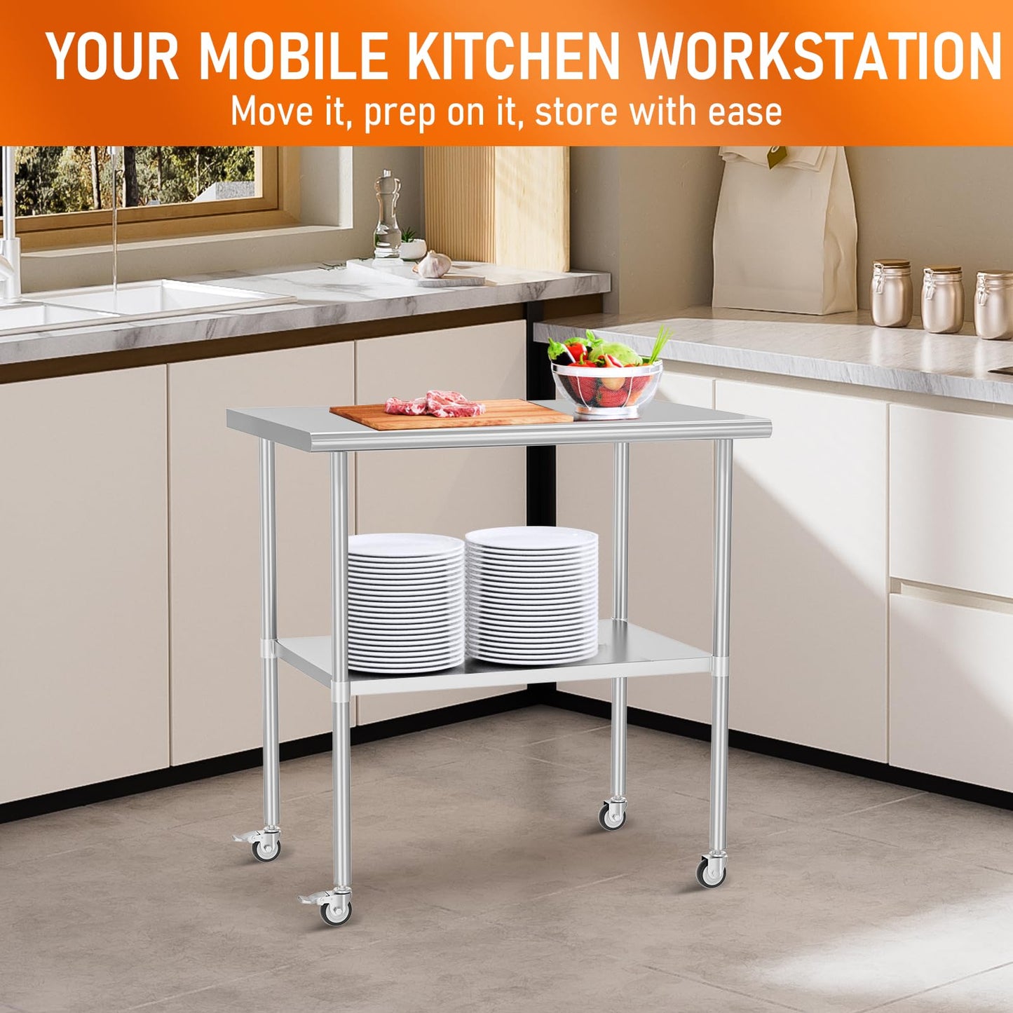 HOCCOT Stainless Steel Table with Wheels 30" x 36" Utility Worktable with Adjustable Undershelf for Commercial Kitchen, Garage, Restaurant