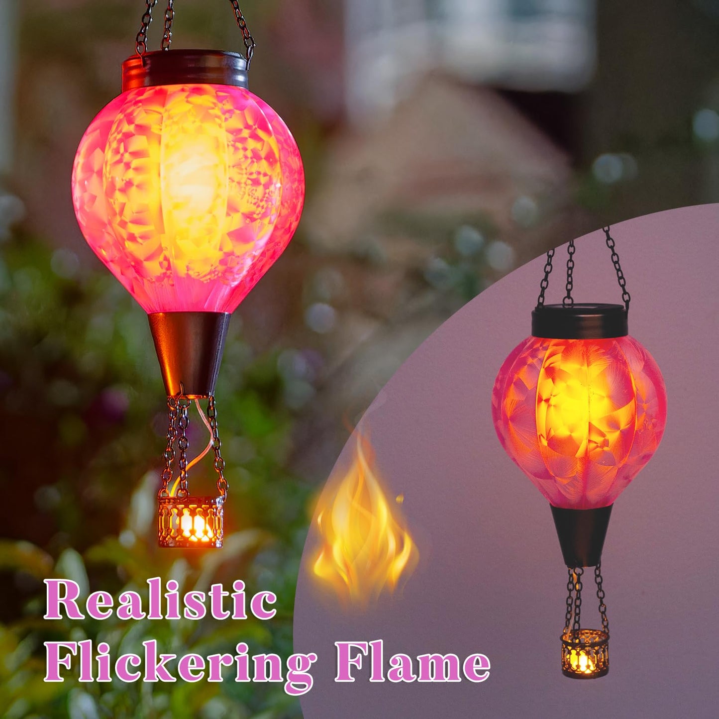 Dreamskip 2Pc Hot Air Balloon Solar Lantern With Flame  Pink Glass Balloon Lantern Lights Outdoor Waterproof  Hanging Solar Lights For Outside Garden Yard Patio Tree Porch Gift For Women Lovers Mom