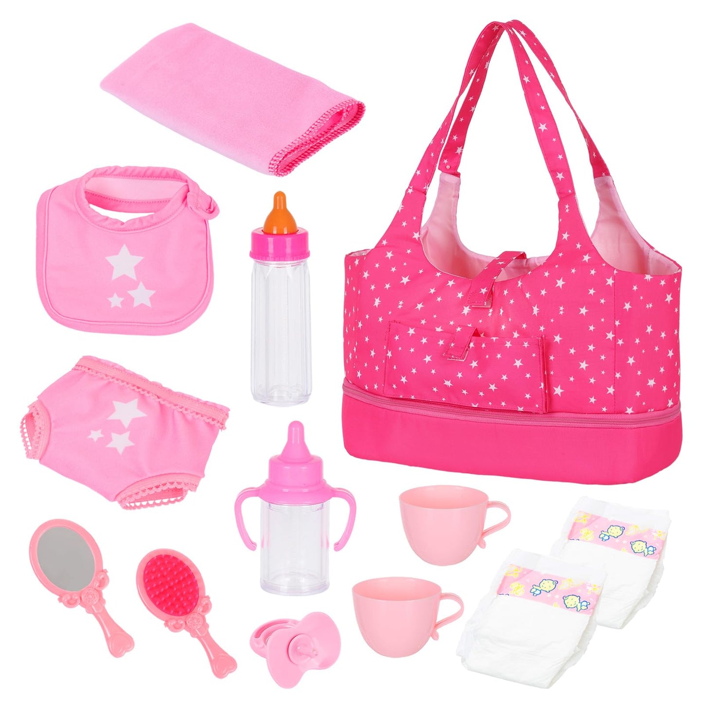 ECORELF Baby Doll Accessorie, 13 Pcs Doll Stuff Acessories Storage Diaper Bag Set for 14-18 Inch Dolls, Feeding and Caring Set Includes Diaper, Bottle etc Suitable Pretend Play