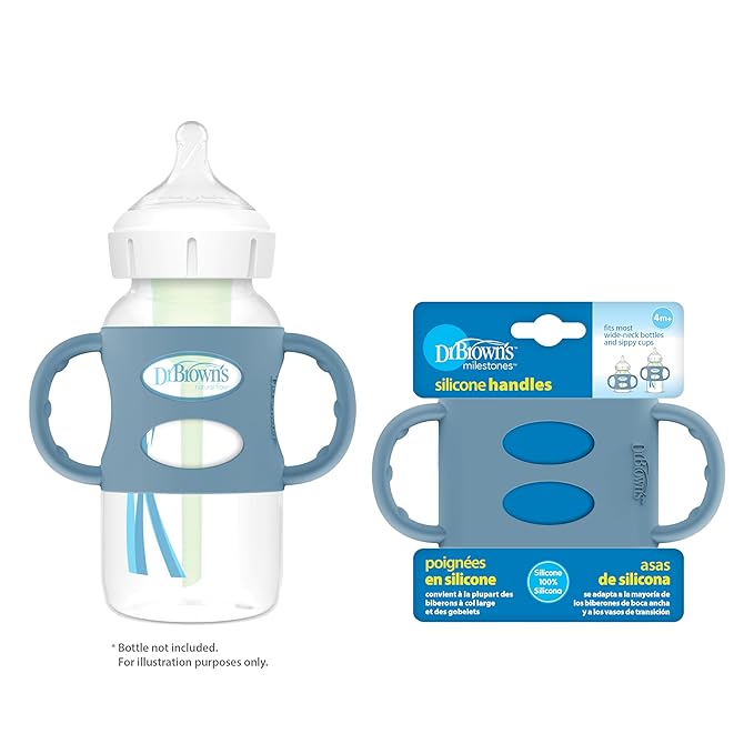 Dr. Brown's Wide-Neck Baby Bottle Handles, 100% Silicone, Easy Grip Removable Handles for Bottle to Sippy Cup Transition, Blue, 4m+