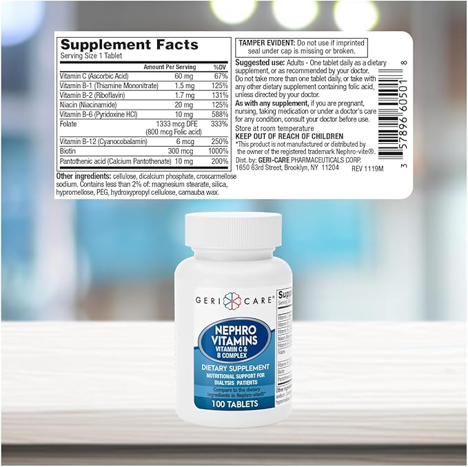 GeriCare Nephro Vitamin C & B Complex Tablets, 100 Count – Daily Kidney Health & Energy Support, Immune System Boost, Antioxidant Protection & Metabolism Support (Pack of 2)
