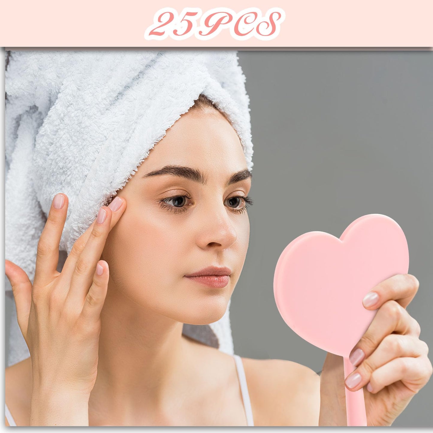 Threehoney 25 Pcs Heart Shaped Handheld Mirror with Handle Bulk Small Portable Travel Makeup Hand Held Mirror 3.15 x 4.72 Inch M