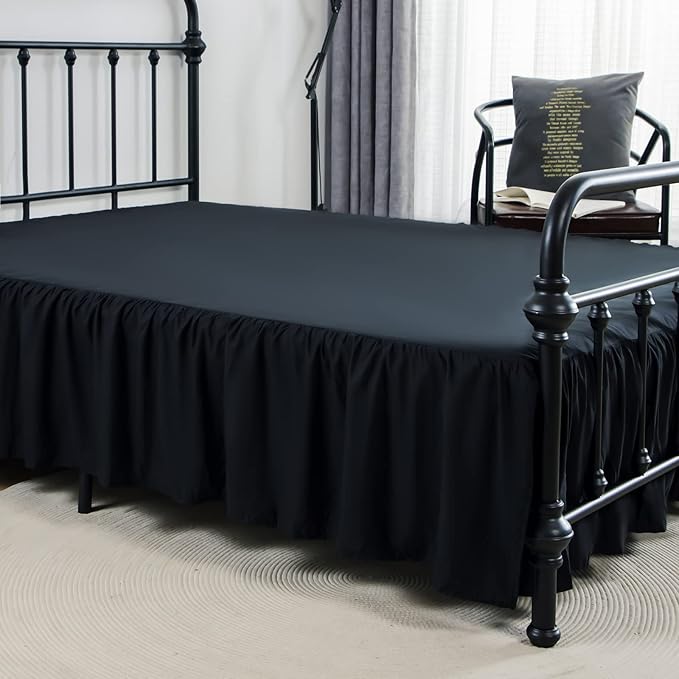 Bed Skirt Twin Size Ruffled Bed Skirt with Split Corners, 14 Inch Drop Dust Ruffle Bed Skirt with Platform, Black