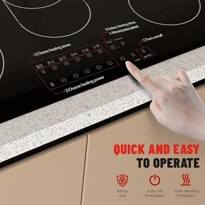 12-inch Electric Cooktop with 2 Burners - 9 Power Levels for Rapid, Even Heating, Compact Design, Child Safety Lock, Ceramic Glass Surface, 220-240V (Plug Not Included)