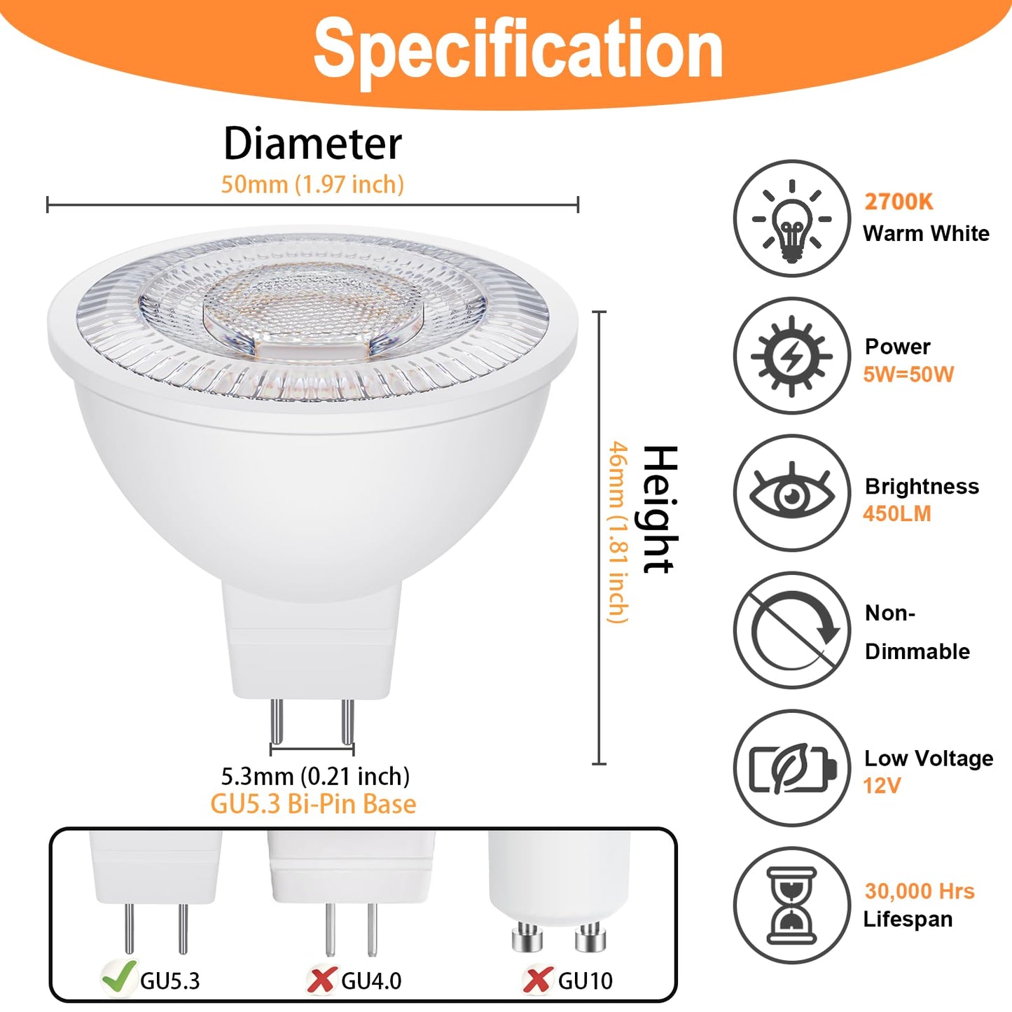 Qqlxst Mr16 Led Bulbs 50W Halogen Equivalent  2700K Warm White  5W Mr16 Gu5.3 Bi-Pin Base 12V Low Voltage Spotlight Bulb For Landscape Spotlight Track Recessed Lighting  Non-Dimmable  12-Pack