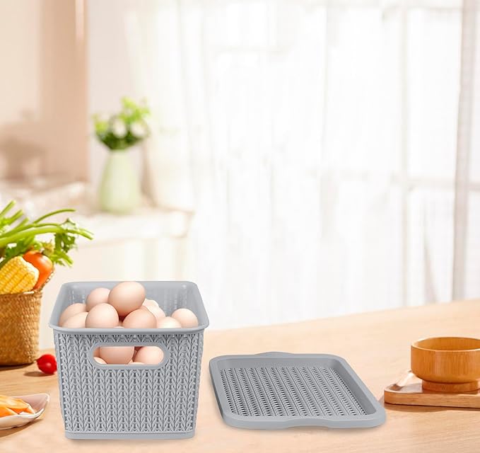 Egg Collecting Basket,Fresh Egg Holder Countertop with Lid,Farmhouse Weave Chicken Eggs Baskets,Large Capacity Eggs Gathering Storage,Plastic Storage Box with Handle Pantry Kitchen Organizer
