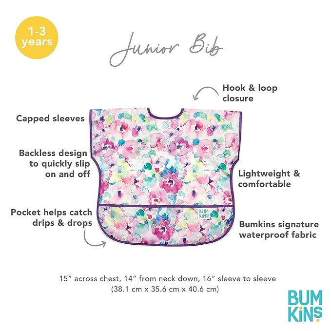 Bumkins - Junior Bib - For Boys & Girls, Toddlers & Kids 1-3 Years - Lightweight, Durable, Waterproof - Short Sleeve Bib - Catch-All Pocket - Wipeable & Machine Washable - Unicorns, 2-pack