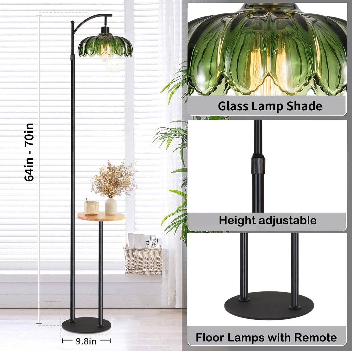 ZECOXOL Arc Floor Lamp with Table & Shelves, Black-Green, Metal, Remote Control, 10 inch, Modern Design