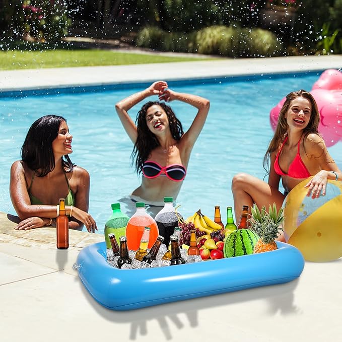 HEMOTON 2 PCS Inflatable Serving Bar, Salad Bar Tray Food Drink Containers, Buffet Cooler with Drain Plug, Picnic Ice Food Serving Trays, for Indoor Outdoor BBQ Camping Picnic Pool Party Supplies