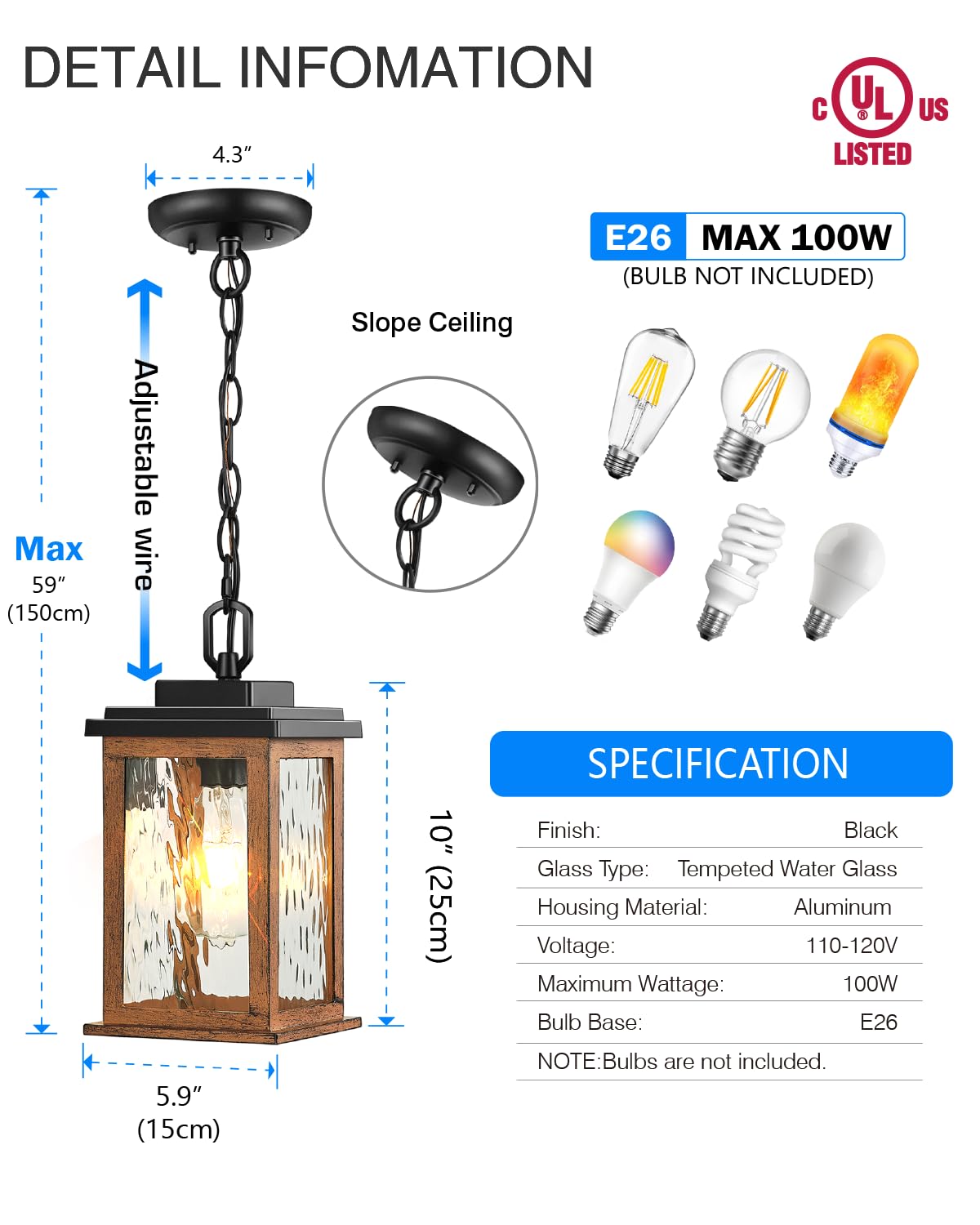 VIANIS Outdoor Pendant Light, Waterproof Aluminum Ceiling Fixture, Wood Grain, Model V83011GR, Lantern for Porch