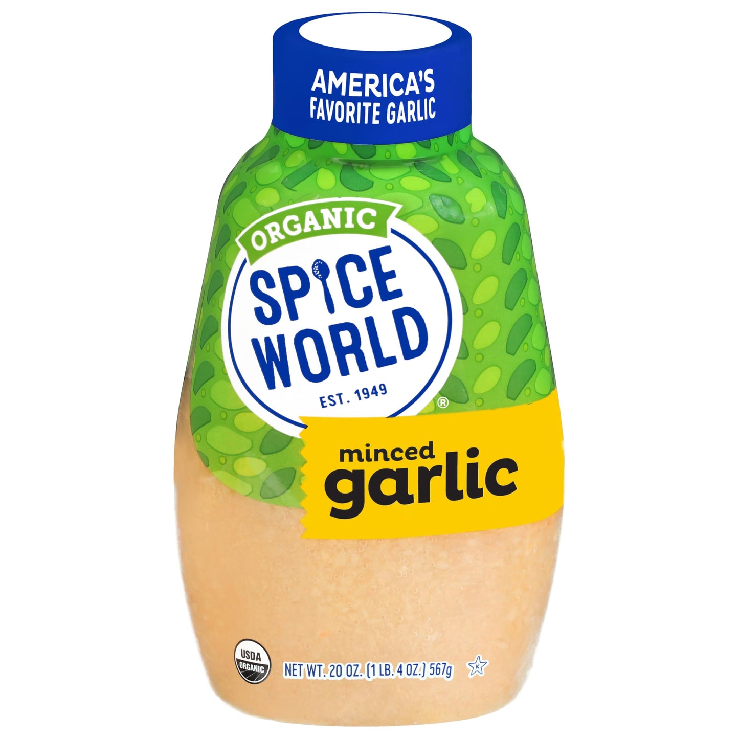Spice World Squeezable Organic Minced Garlic - Value 20oz Container, USDA Certified Organic Garlic with Non-GMO Ingredients - Re