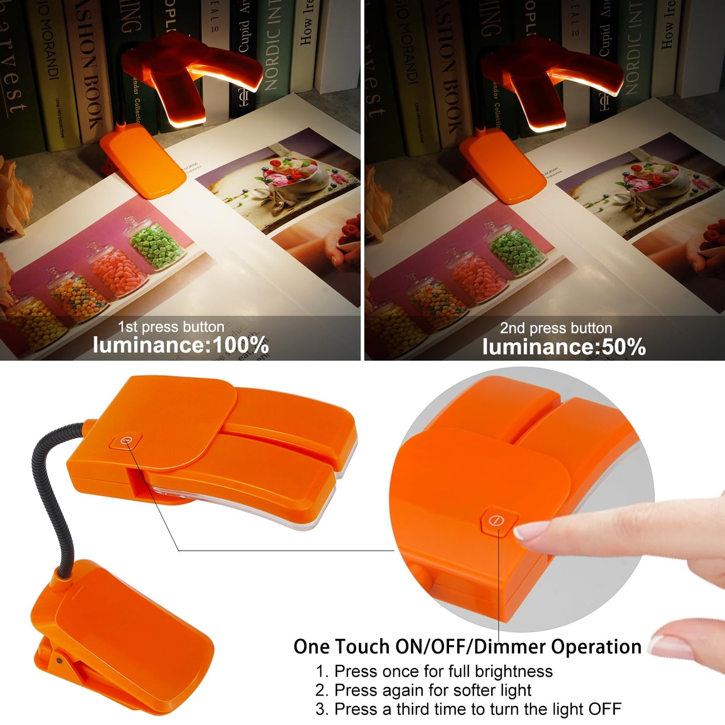 Bigmonat Battery Operated Clip On Light  Dimmable Brightness Eye Care Book Reading Light  360Flexible Gooseneck Night Lighting For Home Office  Reading Study (Orange  2Pack)
