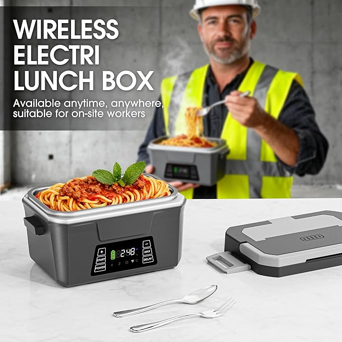 Cordless Electric Lunch Box for Adults with APP Control, 1.2L Portable Heated Lunch Box Battery Powered with Automatic Heating, Self-Heating Food Warmer for Work, Office, 248°F Max, Leak Resistant
