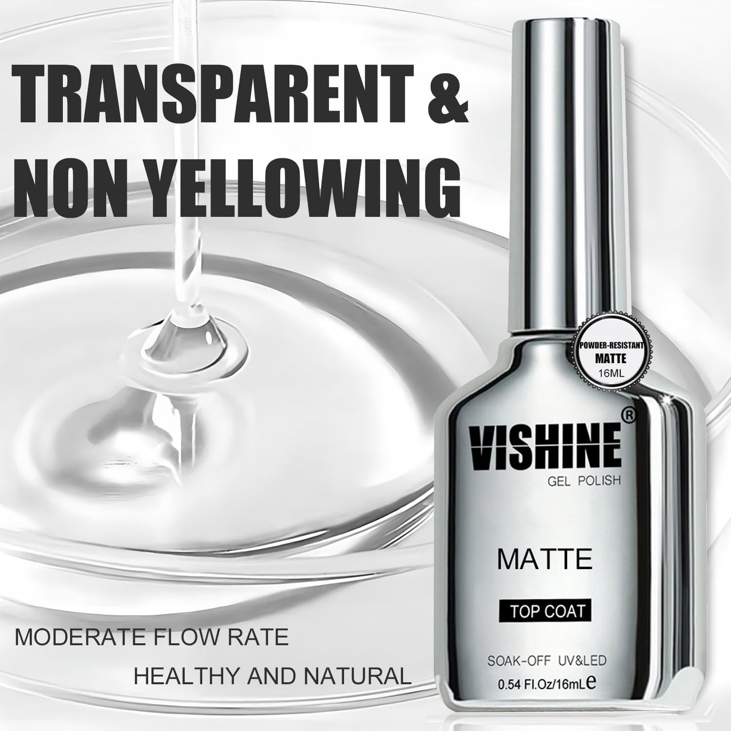 Vishine Matte Gel Top Coat, 16ml Powder-Resistant No Wipe for Chrome Powder Painting Art Matte Finish Long-Lasting UV Gel Nail P