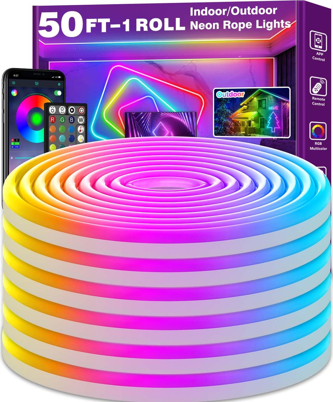 NUERPO 50Ft Neon Rope Lights, Flexible LED with App/Remote, IP65 Waterproof, RGB Music Sync, 150ft for Bedroom Decor
