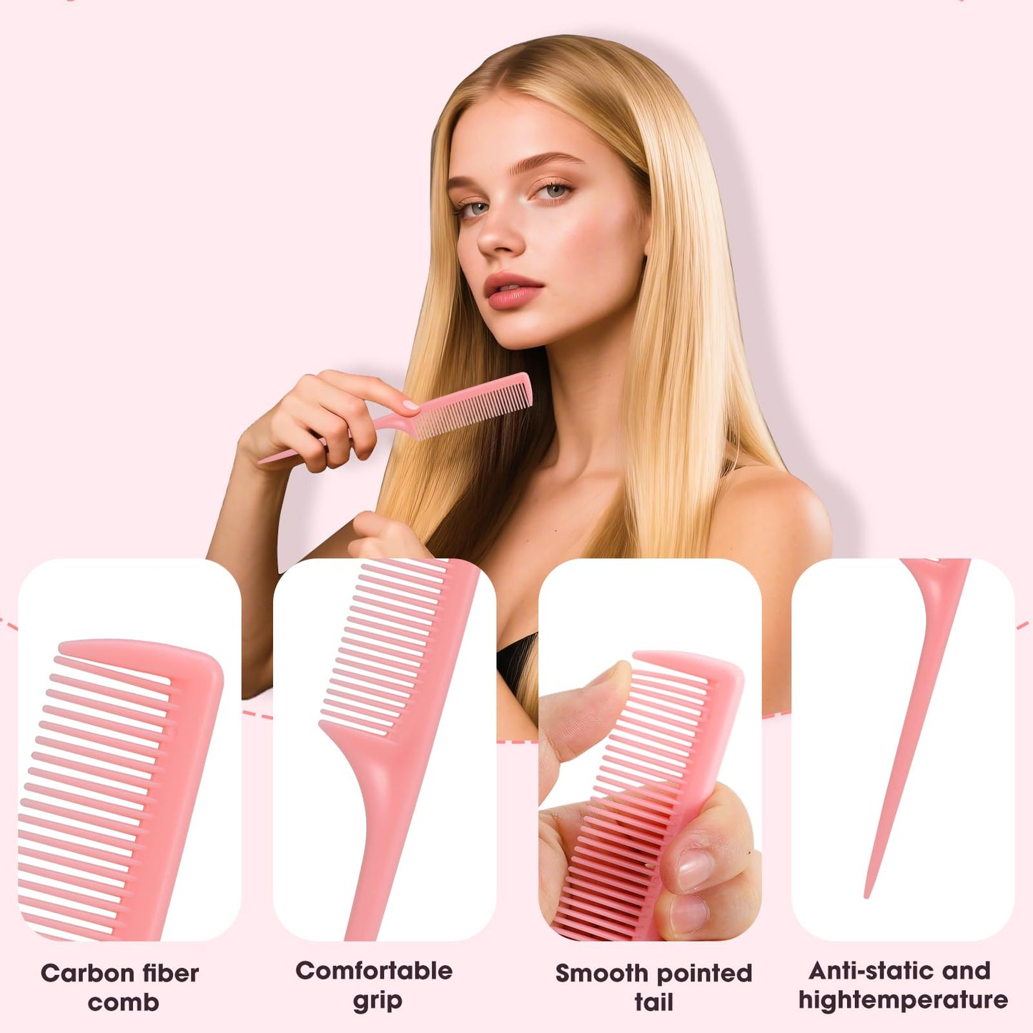 Rat Tail Comb Set-3Pcs Rat Tail Hair Teasing Fine Tooth Combs for Women Girls, Parting &Hair Styling Tools(Pink Purple Green)