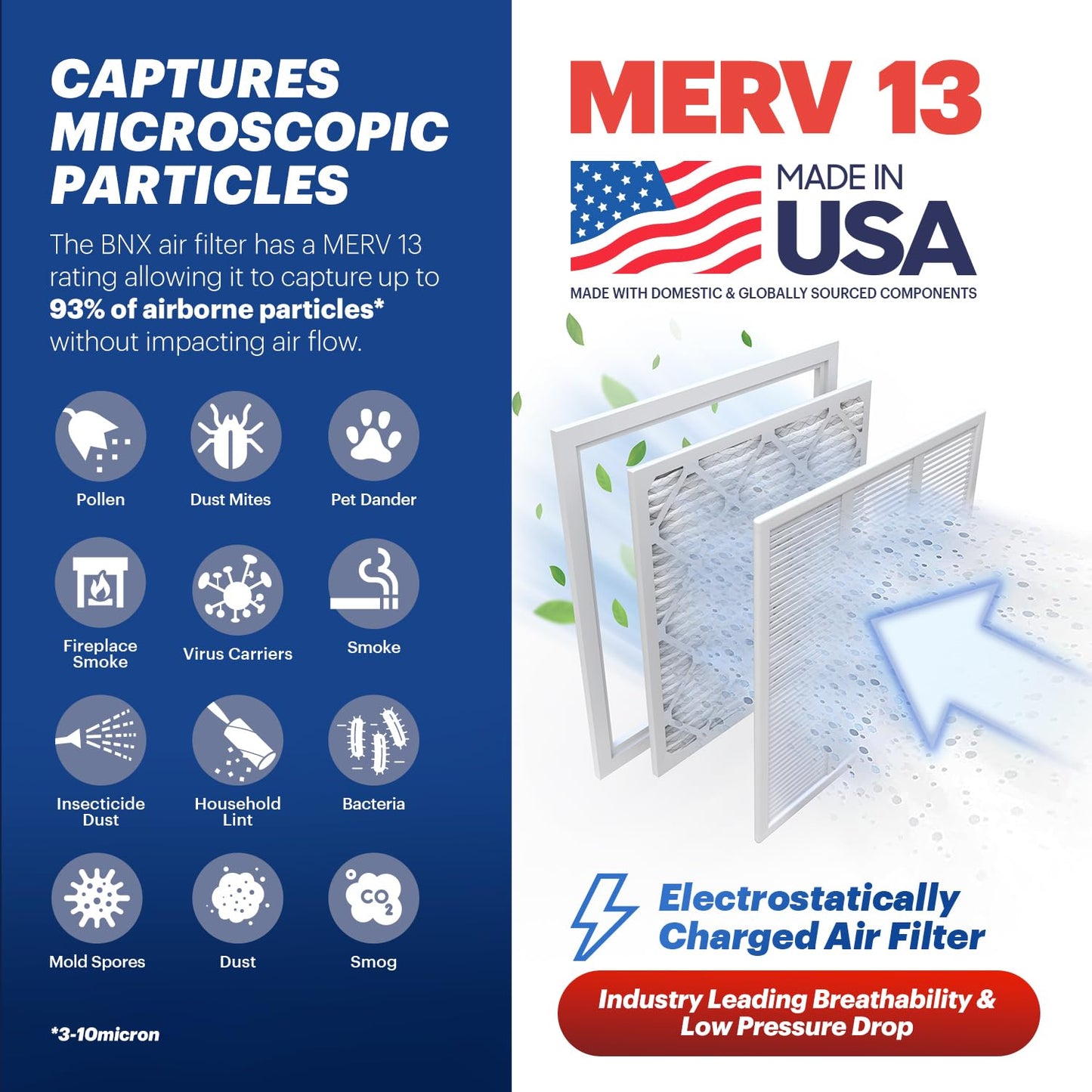 Bnx Trufilter 16X24X1 Air Filter Merv 13 (6-Pack) - Made In Usa - Electrostatic Pleated Air Conditioner Hvac Ac Furnace Filters