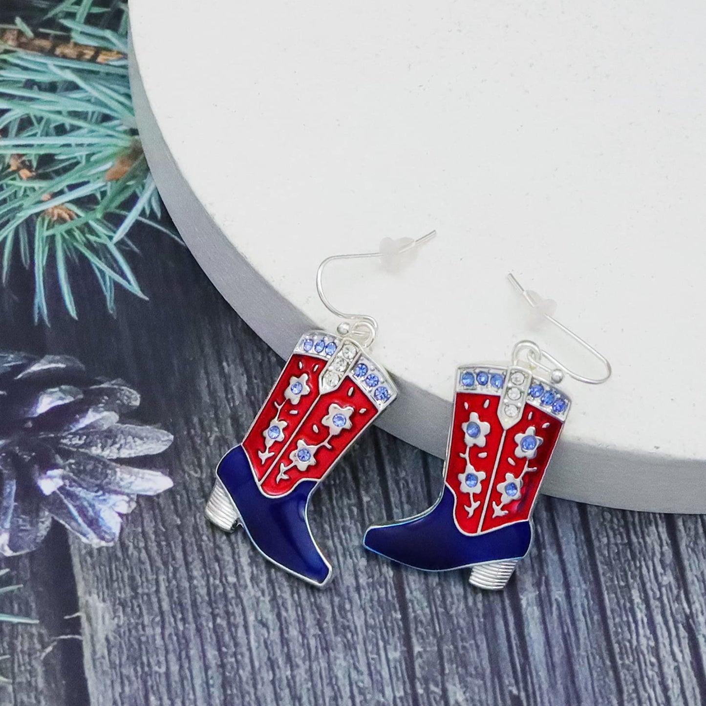 RechicGu 4th of July Earrings,Western West Cowgirl Texas Boots Spur Dangle Drop Earrings Rodeo Boho Fancy Dress Costume (Flower