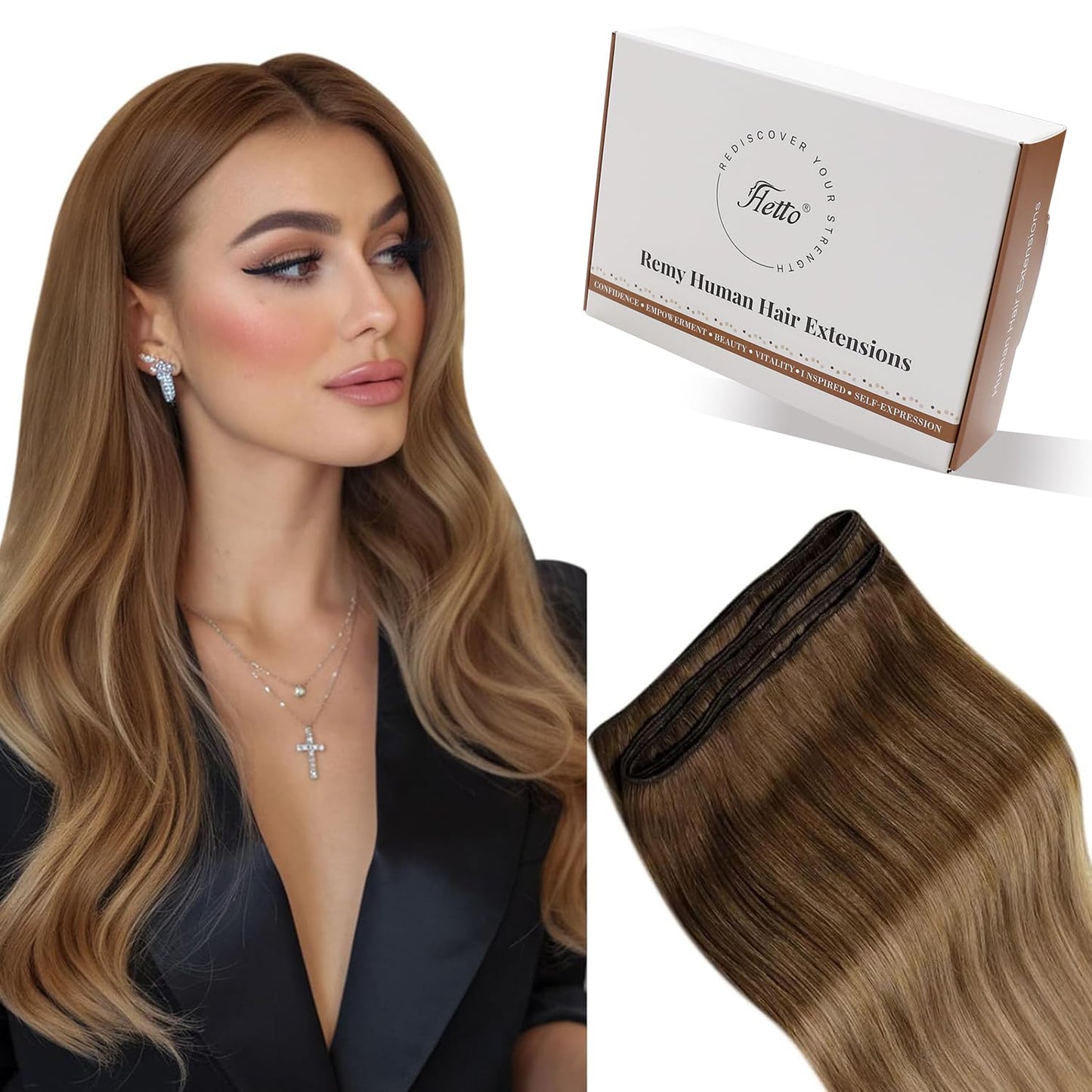 Hetto Weft Hair Extensions Human Hair Brown Balayage Sew in Hair Extensions Real Human Hair Brown Ombre Mix Golden Blonde Sew in