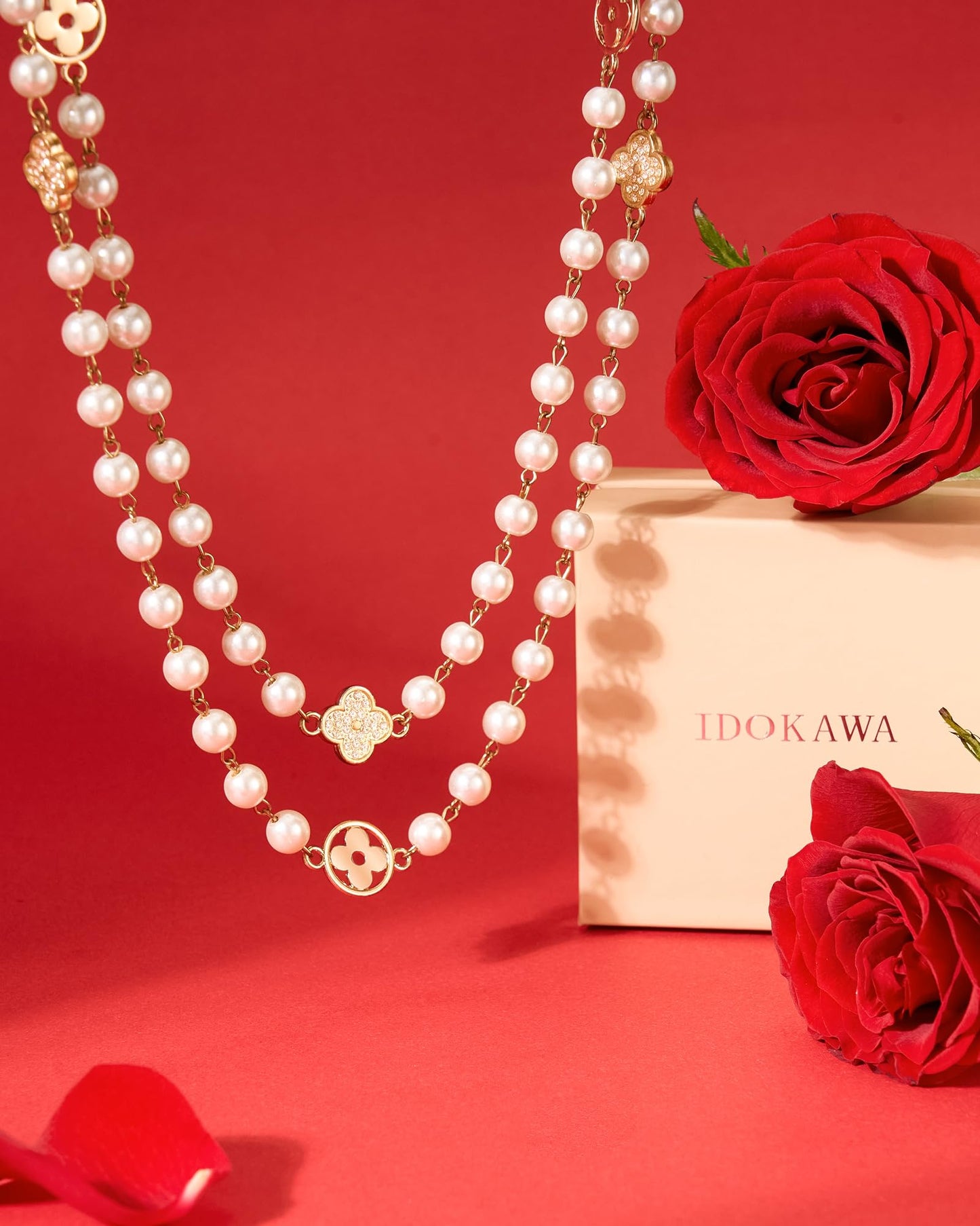 IDOKAWA 8MM Round Simulated Shell Pearl Strand Layered Necklace for Women, Dainty Multiple Strands Long Necklace for Party, Vint