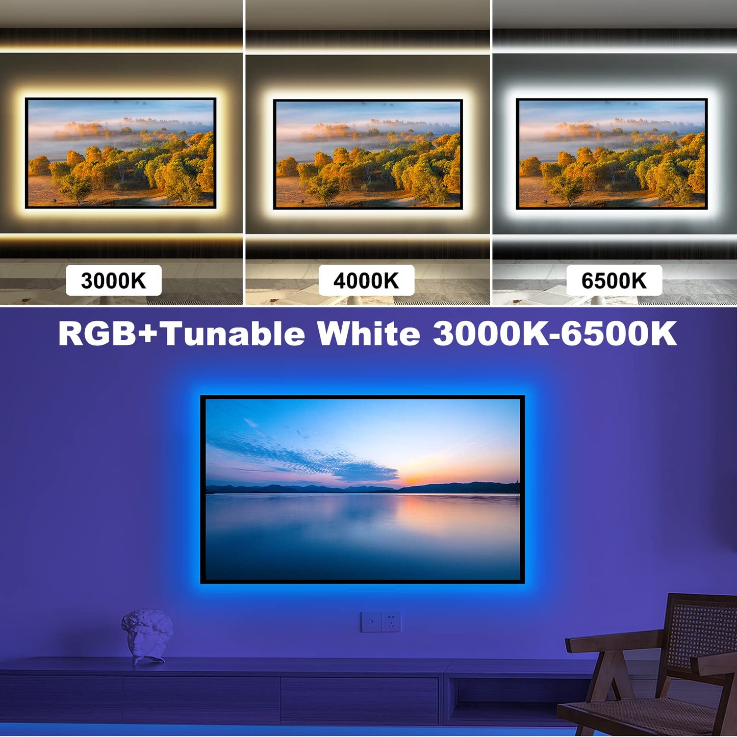 Tatazone Bluetooth RGBWW LED Lights for 50-55 Inch TV With App Control, RGB+Tunable White 3000K-6500K Backlight With RF Remote, Music Sync Indoor for Gaming