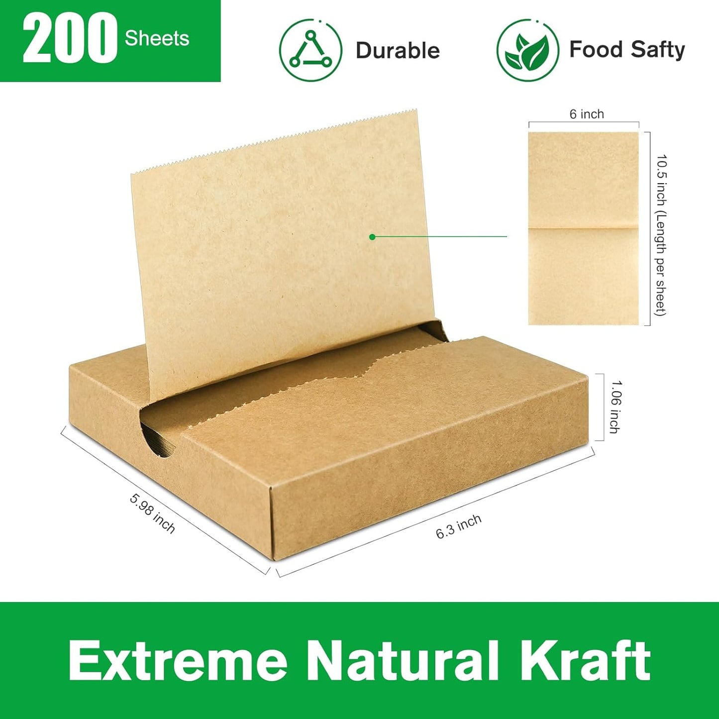 Precut POP UP Deli Paper Sheet Pack of 200, Interfolded Heavy Paper for Food Wrap and Serving (6" x 10-1/2", Kraft）