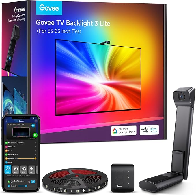 Govee TV Backlight 3 Lite with Fish-Eye Correction Function Sync to 55-65 Inch TVs, 11.8ft RGBICW Wi-Fi LED Strip Lights w...