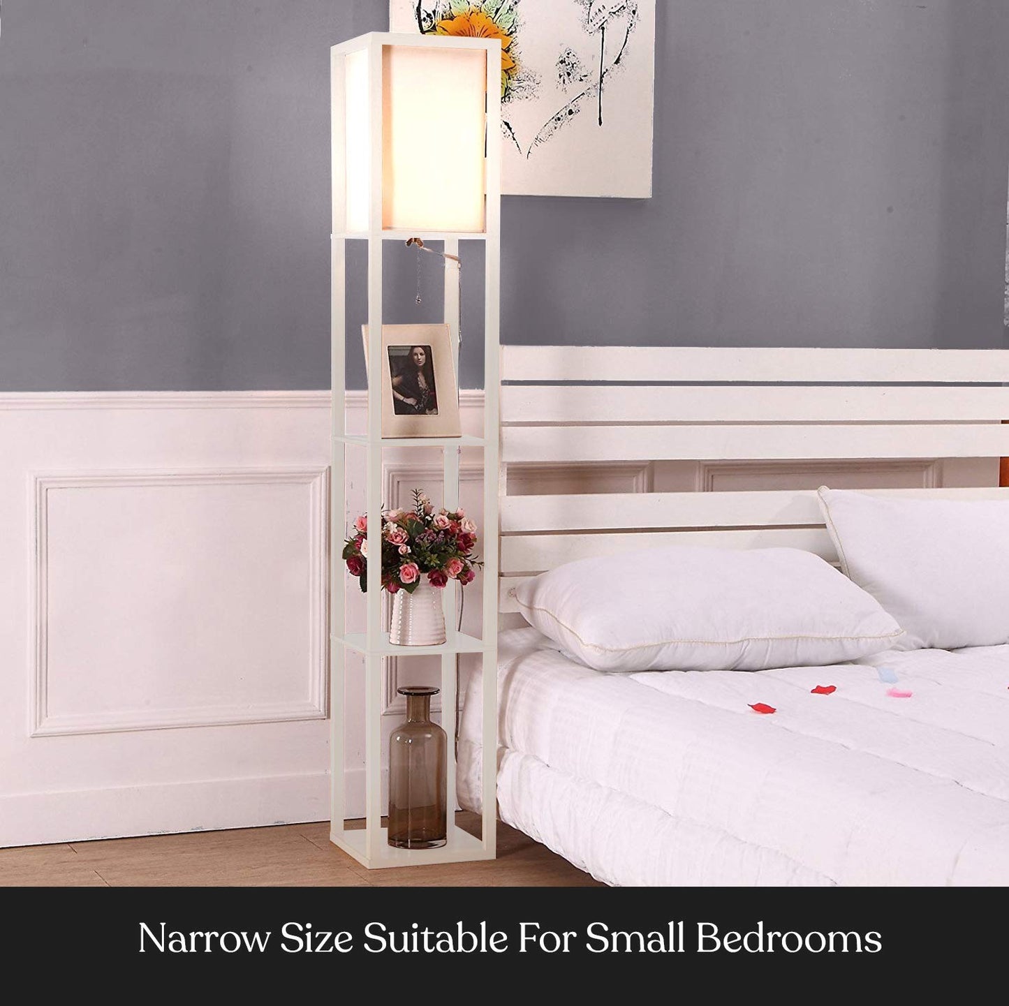 Brightech Maxwell Modern Floor Lamp with Shelves - White, LED Bulb, Wood, Model 1
