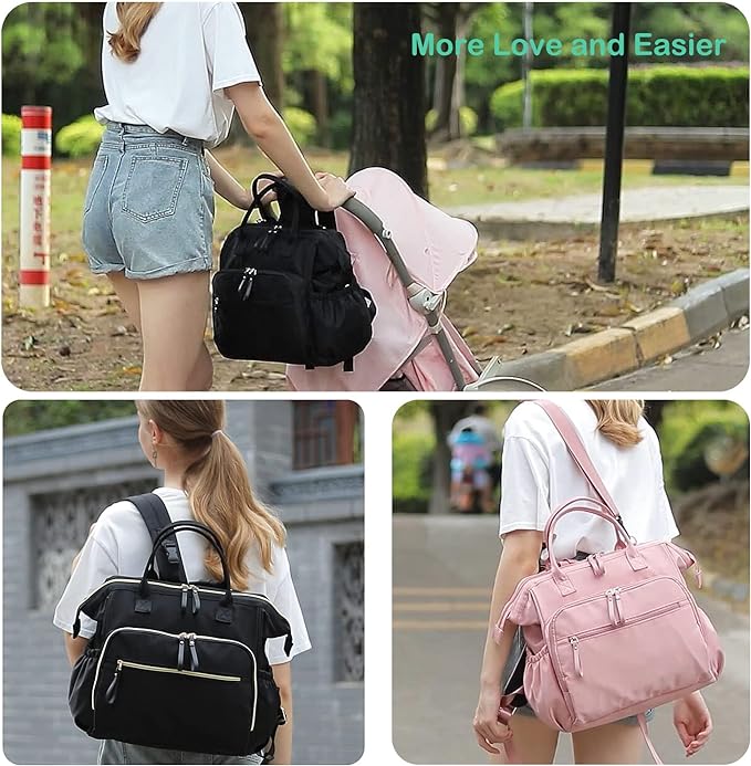 Convertible Diaper Bag Tote, Wide Open Top 14 Pockets Stylish Baby Diaper Bag with Stroller Buckle, Water-resistant (Pink, Large)