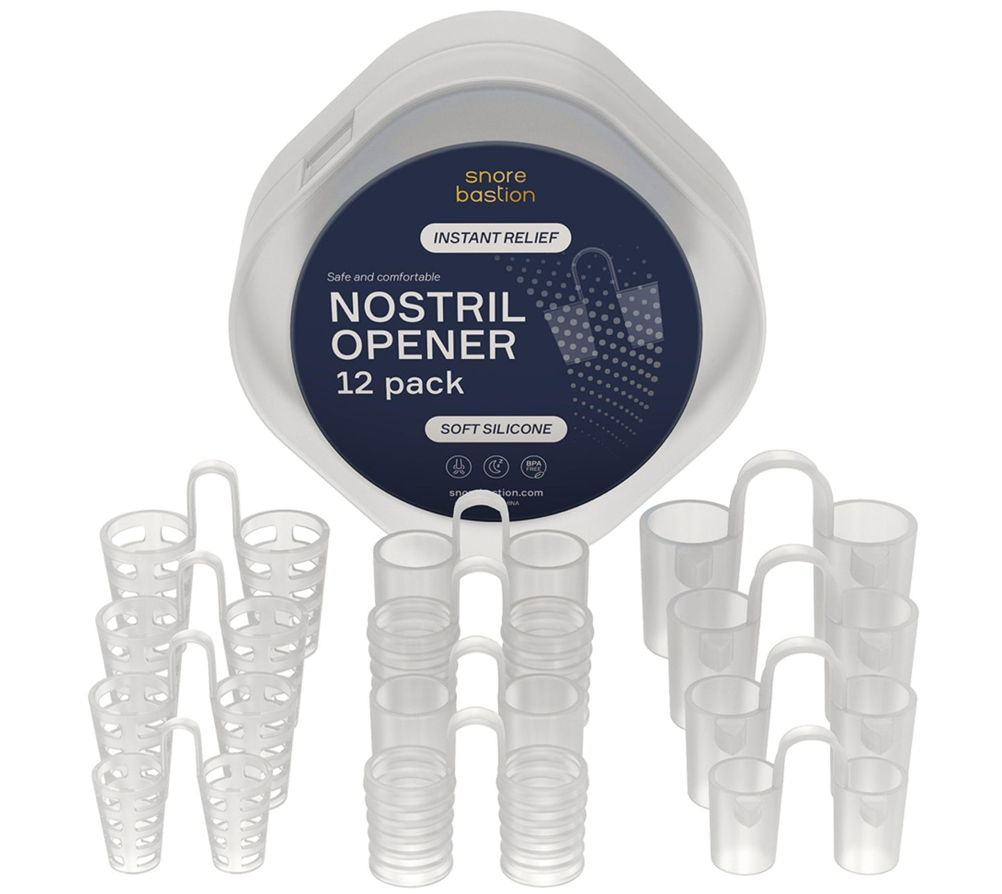 Snore Bastion Nasal Dilators for Sleeping - 12 Nasal Cones for Breathing - Nostril Opener and Soft Silicone Nose Vents for Quiet Nights and Restful Sleep - Sinus Cones