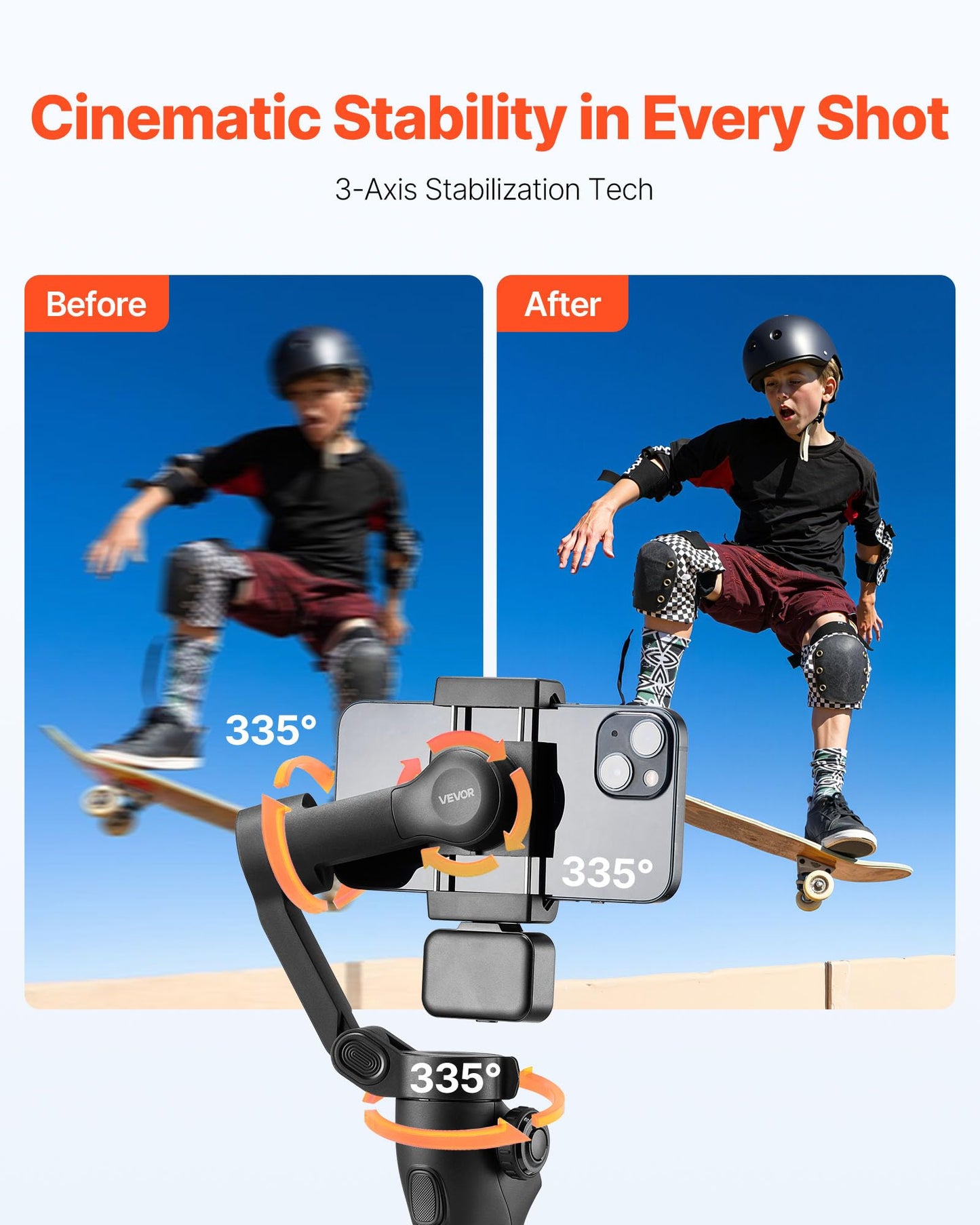 Vevor Gimbal Stabilizer For Smartphone, 3-Axis Stabilization, Phone Gimbal For Android & Iphone With Magnetic Fill Light, Face T