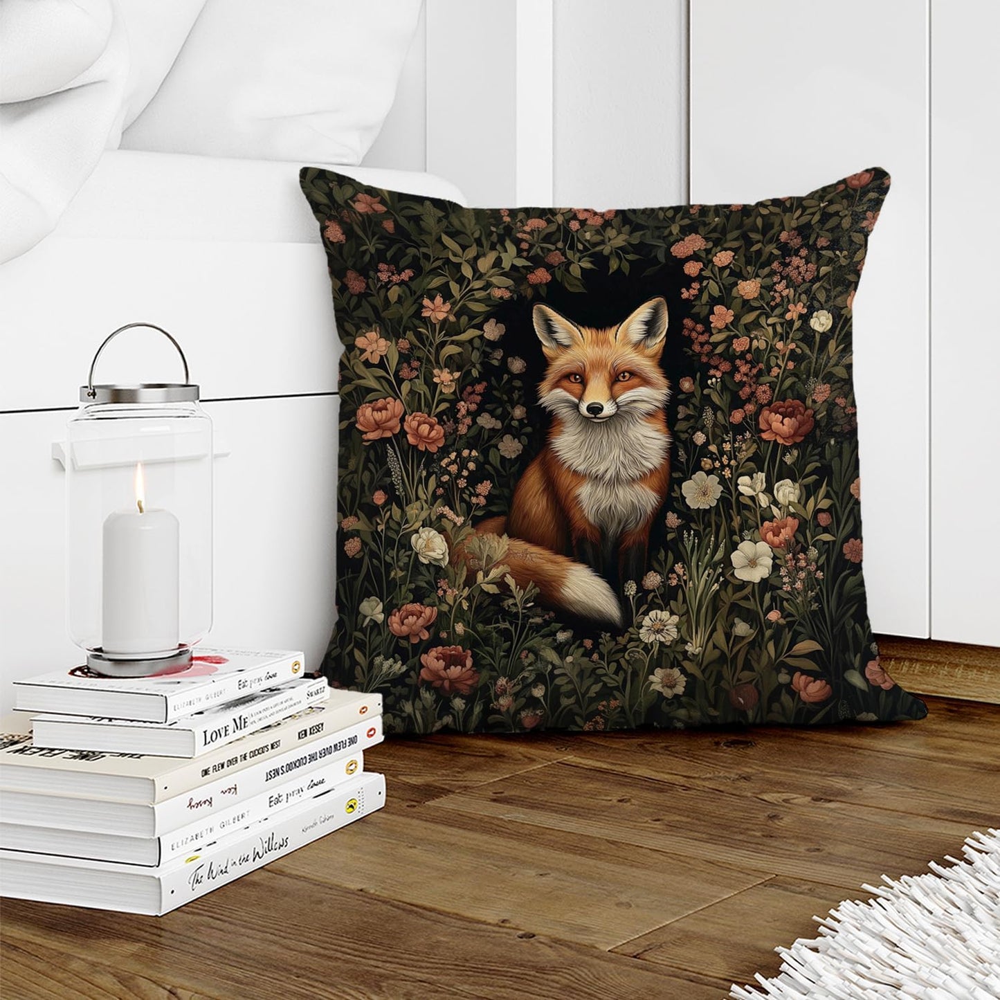 William Morris Abstract Vintage Floral Velvet Butterfly Design Throw Pillow Covers Home Decor, Retro Art Deco Pillowcase Cushion Cover for Bed Sofa Living Room, Square 18x18inch (Orange-Fox2)