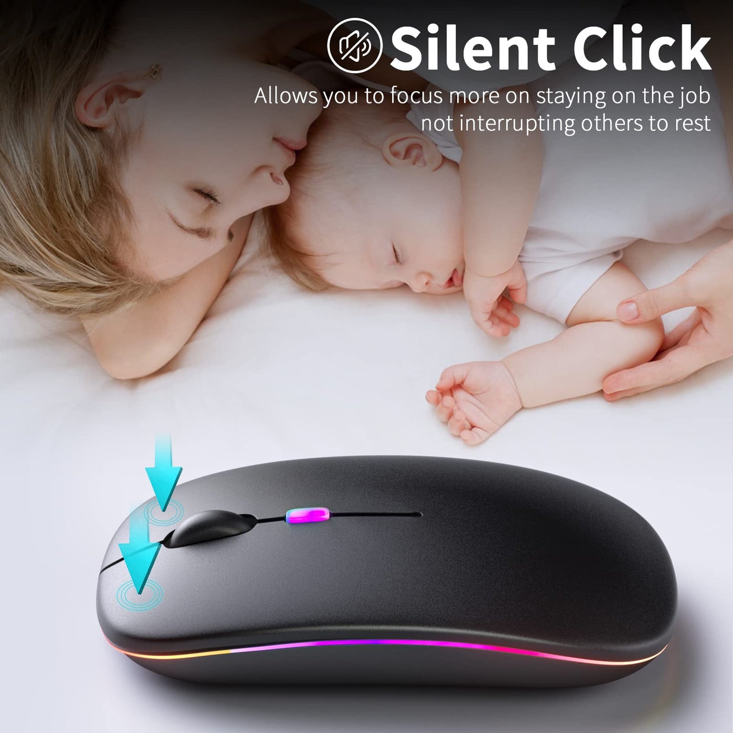 KANMABPC Wireless Bluetooth Mouse – Rechargeable, Silent, Dual Mode (Bluetooth 5.2 & USB) with LED Lights – Portable for Laptop, Desktop, & Tablet(Black)