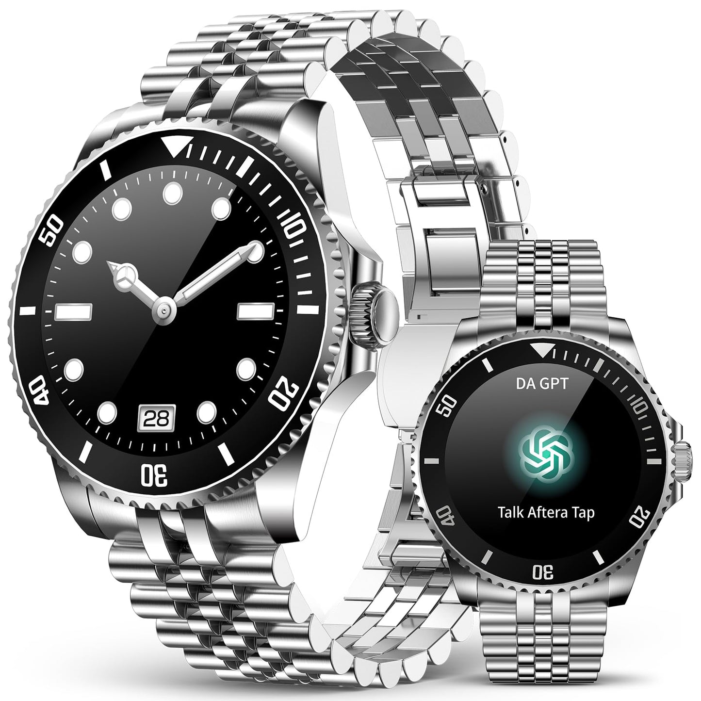 AI Smart Watch, DA GPT Waterproof Smartwatch, 1.19-inch AMOLED Display, 24/7 Heart Rate, Blood Oxygen, Blood Pressure, Sleep Monitor, 107 Sports Modes, Compatible Android and iOS Silver Black