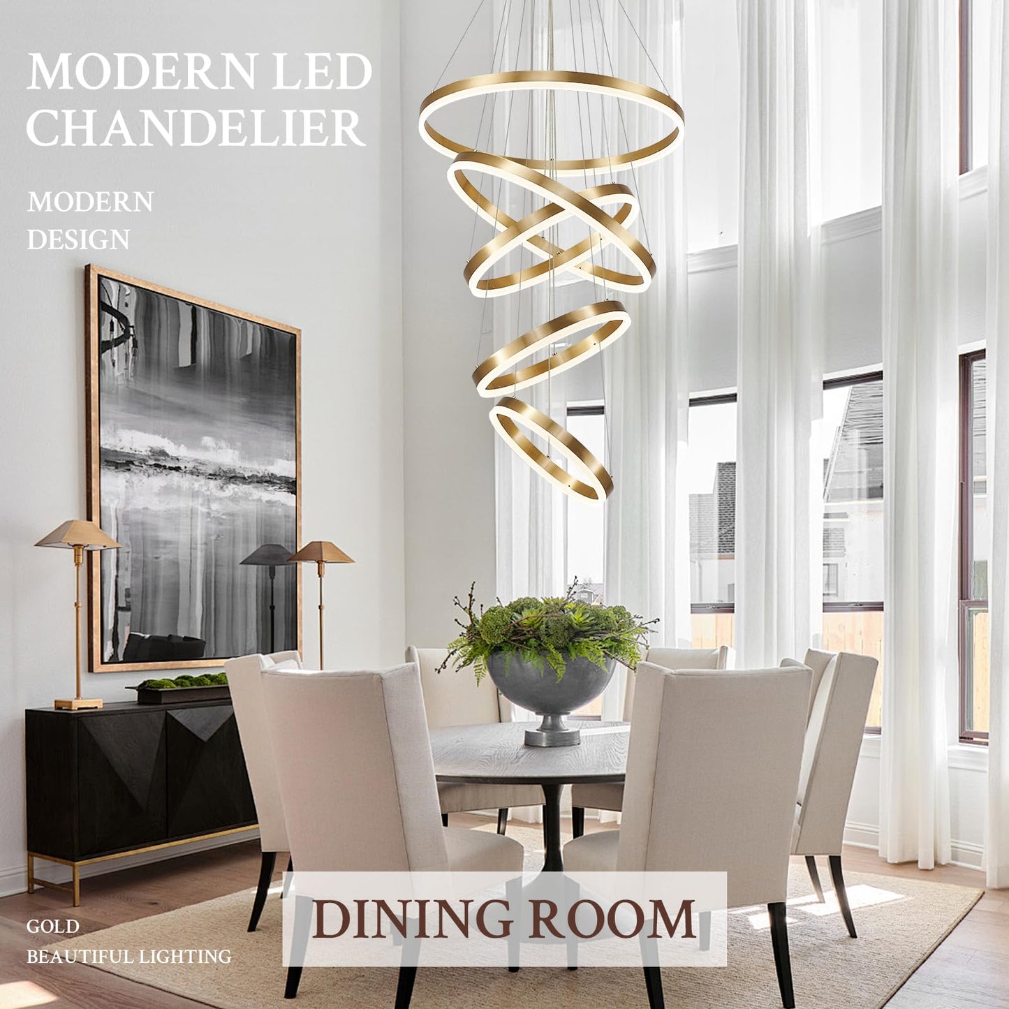 Sparklelf Modern LED Chandelier - Dimmable Gold 5-Rings 23.6in, Remote Control, 3000K-6500K, for Foyer, Dining Room,
