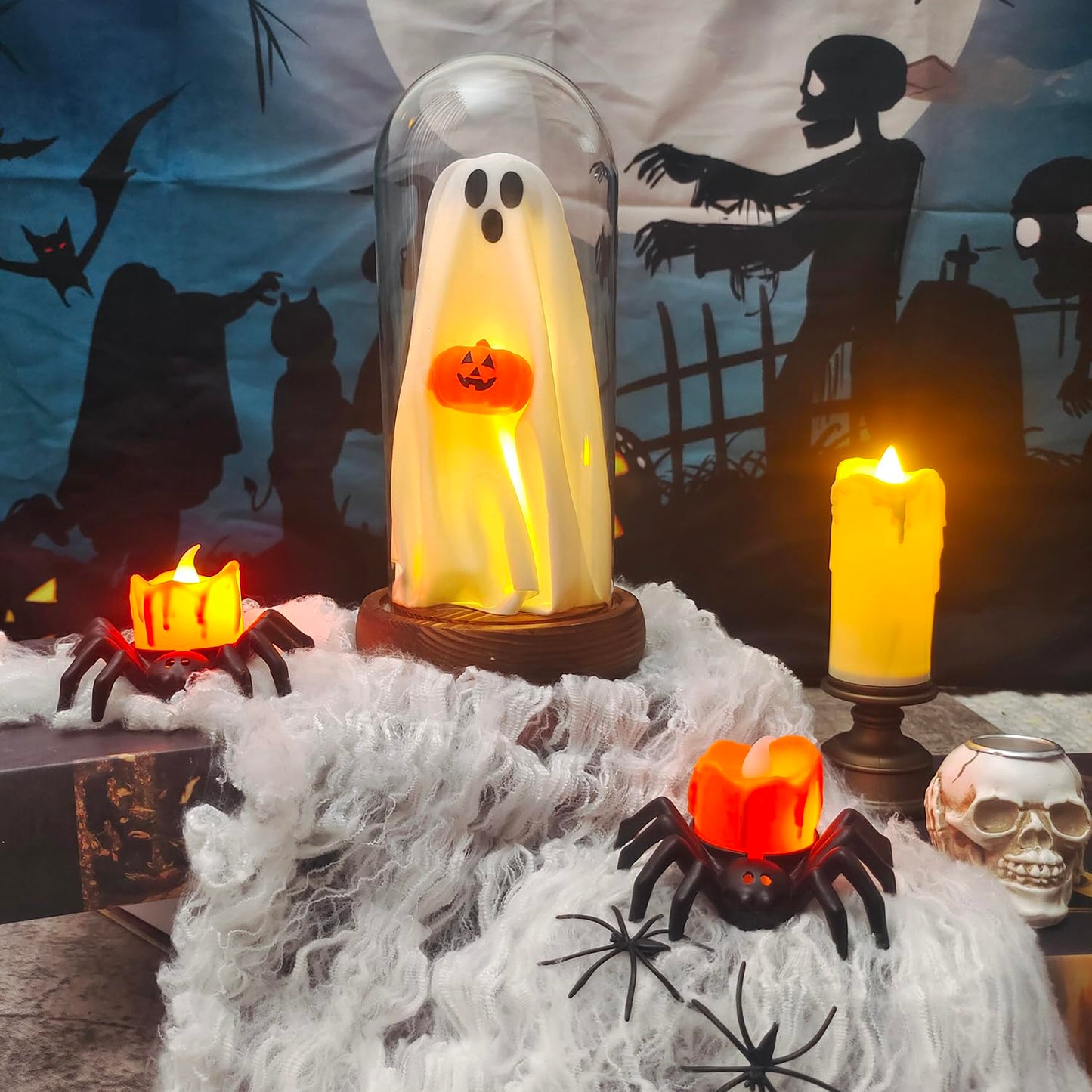 Generic Halloween Ghost Lamp - Light Up Glass Decoration with Remote Control - Small - Pumpkin