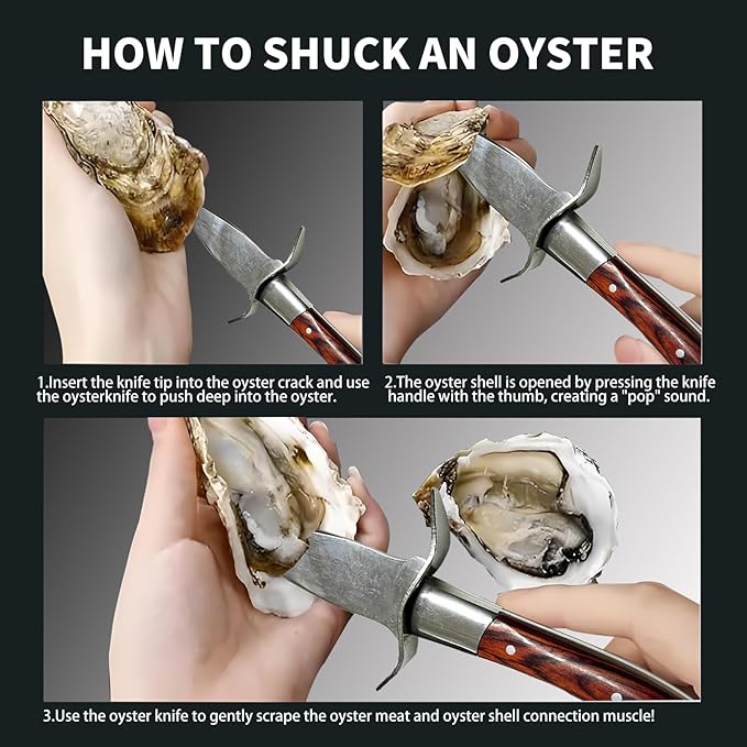 Oyster Shucker, Oyster Shucking Knife for Oyster Clam Pearl Shell Shucking, 2 Set Oyster Shucking Tool Kit, 2 Stainless Steel Oyster Knifes with Wooden Handle 2 Pairs Oyster Shucking Gloves