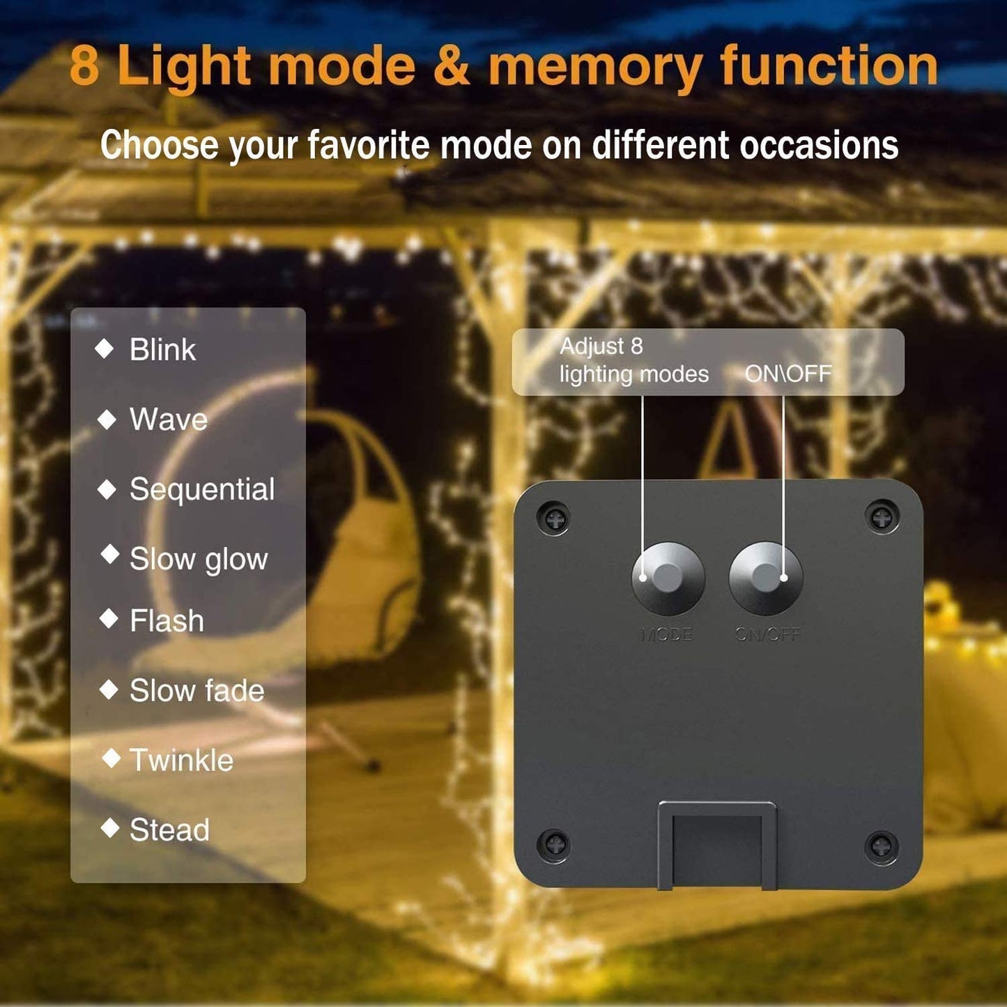 ANGMLN Solar Powered Fairy Bunch Lights, 200 LEDs, Warm White, 8 Modes, Waterproof, No Can, Garden Decorations