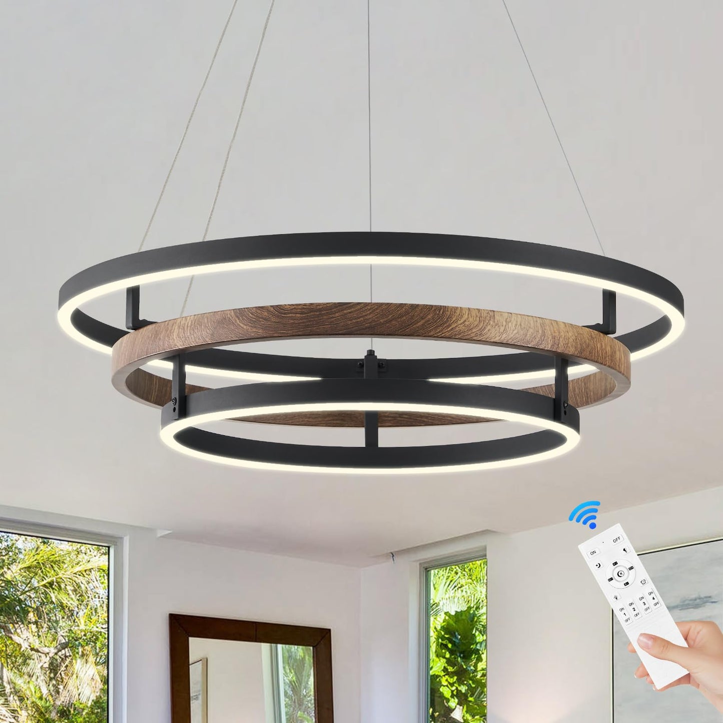 Benkut Modern LED Chandelier Pendant Light Black Dimmable 3 Rings 23.6 in Metal for Dining Room & Kitchen, Model BENKUT-D236-MODERN-BLACK