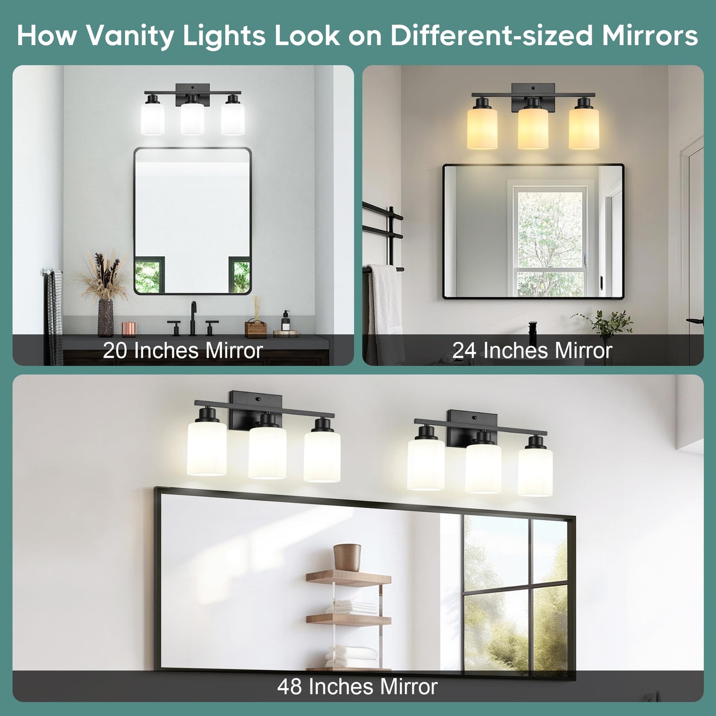 Ascher Bathroom Light Fixtures, 3-Light Vanity Light Over Mirror, Black Wall Sconces with Milky White Frosted Glass Shades, Wall Lamp for Living Room Bedroom, E26 Base(Bulbs Not Included)