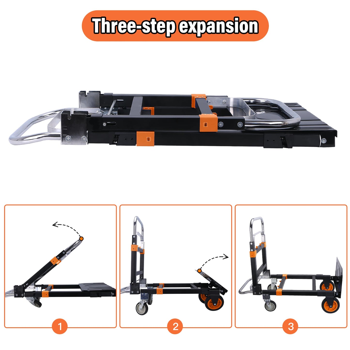 Upgraded 3 in 1 Folding Hand Truck, 500lbs Capacity Heavy Duty Convertible Dolly cart with Rubber Wheels, Collapsible Hand Truck Foldable with Telescopic Handle, Trolley for Moving, Office, Warehouse