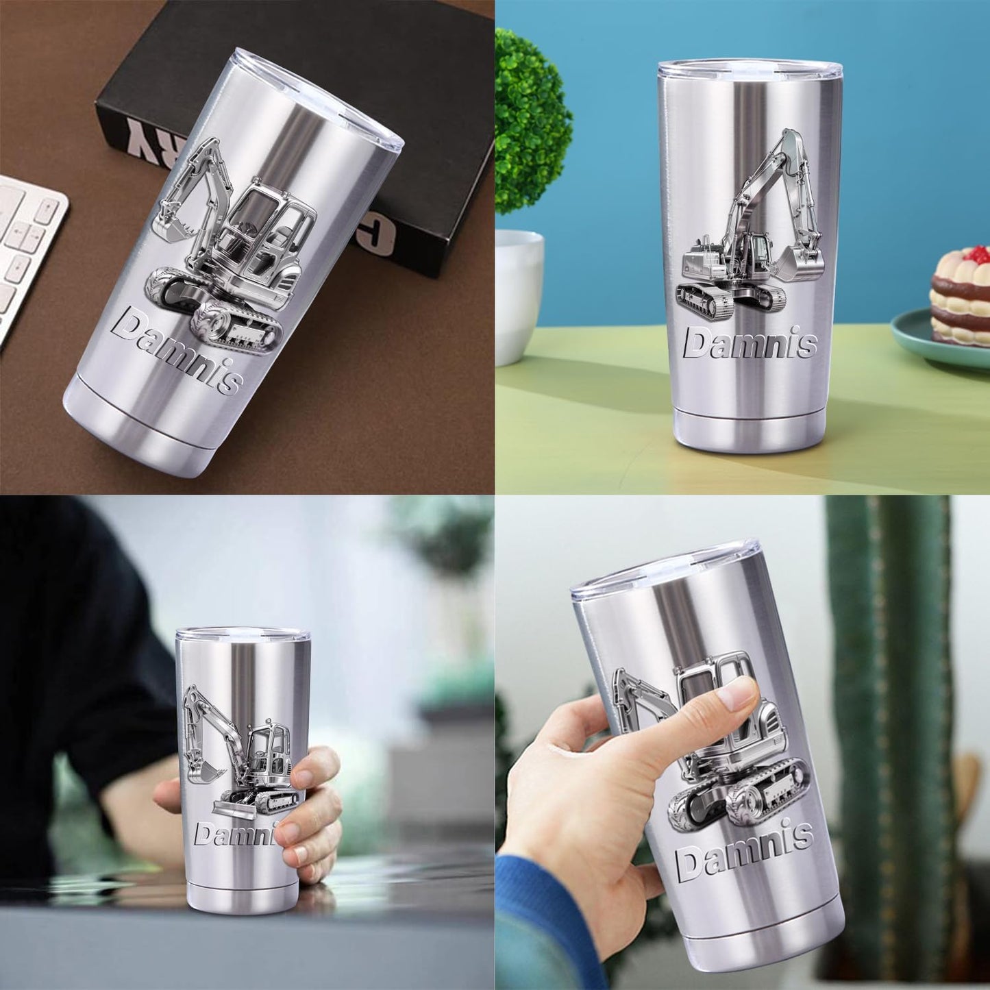 Personalized 3D Excavator Stainless Steel Silver Tumbler Mug for Kids Boys, Custom Name Excavator Tumbler Mug for Construction Lover, Kids Boy Birthsday Gift