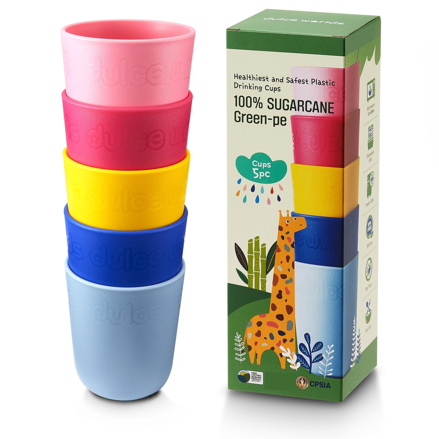 Dulce Worlds SUGARCANE Kids Cups 10 oz - 5 Pack, USDA & LFGB Certified Toddler Cups - BPA Free - Dishwasher Safe, Reusable, Unbreakable - Multi