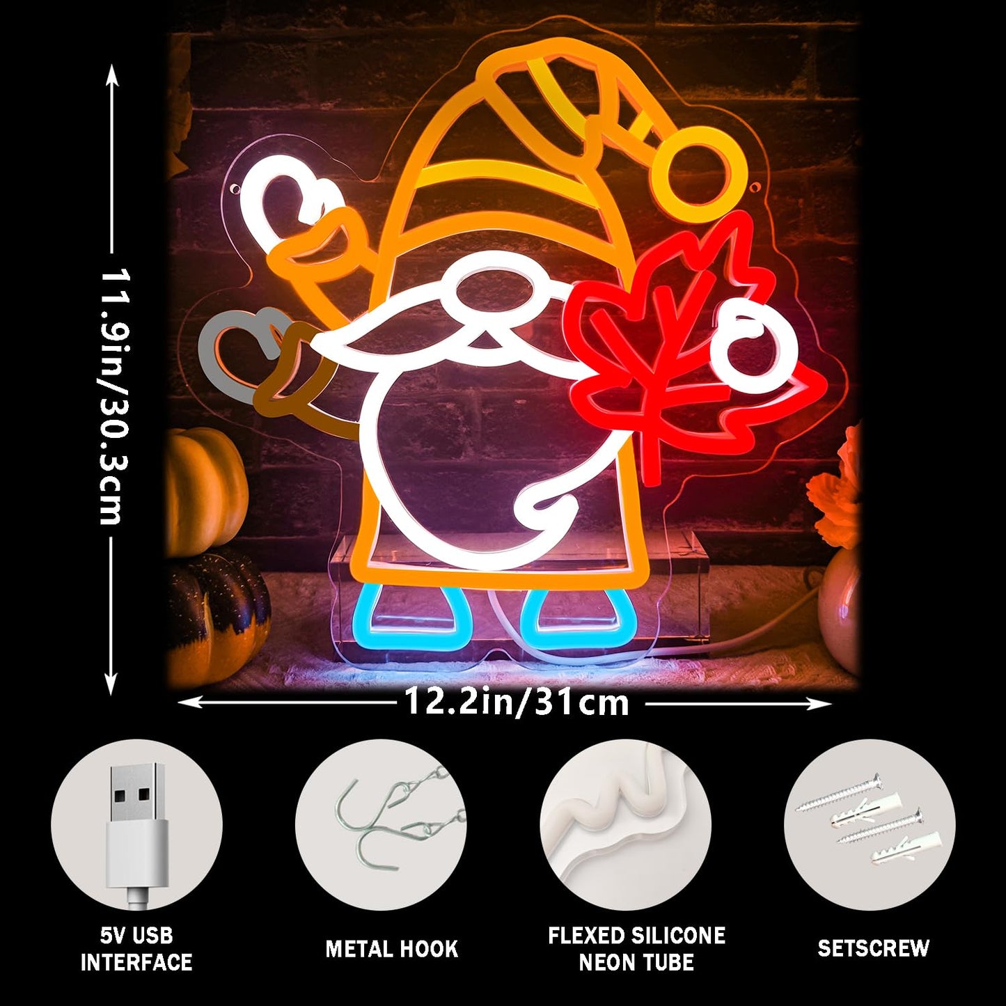 Flashing Gnomes Neon Sign Dimmable For Thanksgiving Neon Sign For Wall Decor Maple Leaf Neon Light For Hello Fall Led Sign Thanksgiving Bedroom Kids Room Bar Club Decoration Gift.